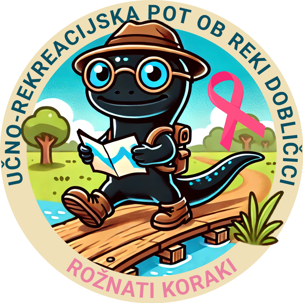 Logotip Rožnatih korakov: črna človeška ribica z zemljevidom in rožnato pentljo